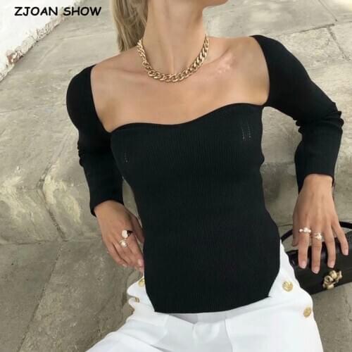 2021 Spring Hem Asymmetrical Knitted Pullovers Square Collar Skinny Sweater CHIC Slim Knitwear Flare Sleeve Jumper Tops