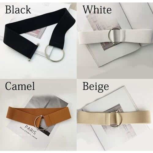 Women Dress Belt New Simple Black Wide Elastic Waist Belt Round Metal Buckle Stretch Waist Band Solid Color Coat Sweater Belts