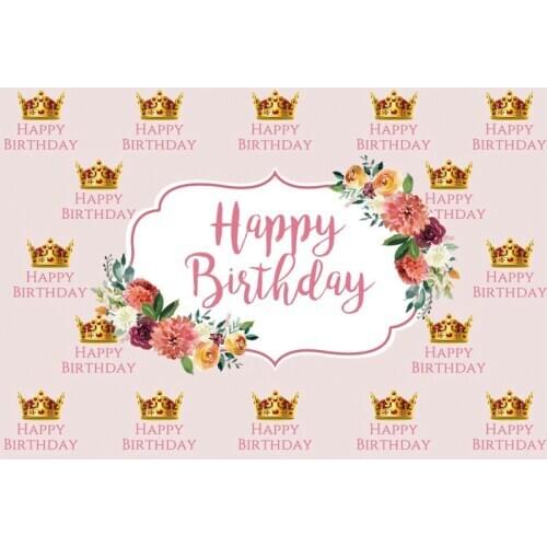 Happy Birthday and Crown Backdrop Pink Photography Background Celebration Photo Booth Studio Decor