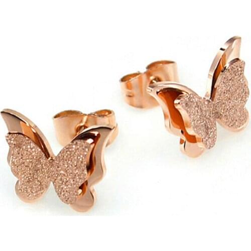 New Butterfly Earrings Rose Gold Color Stainless Steel Stud Earrings For Women Child Frosted Butterfly Cartilage Ear Studs
