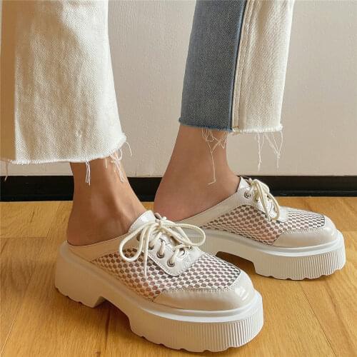 Punk Slippers Women Genuine Leather Chunky Heels Mules Female Lace Up Fashion Sneakers Square Toe Creepers Platform Pumps Shoes