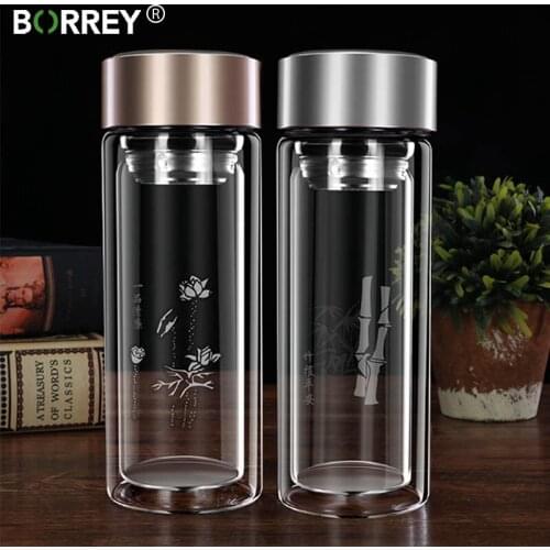 BORREYGlass Bottle For Water Anti-scald Double Wall Glass Tea Bottle Infuser With Filter Strainer Travel Bouteille Car Drinkware