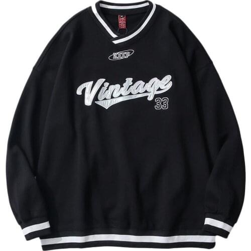 Vintage Embroidery V Neck Oversized Sweatshirt Men Women Long Sleeve Gothic Harajuku Streetwear Casual 2021 Autumn Fashion Tops