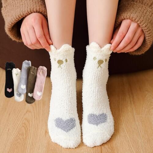 1 Pair Winter New Cute Cat Claw Embroidery Women Warm Long Socks Coral Fleece Home Floor Socks Girls Sleep Thick Plush Socks