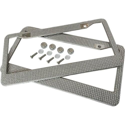 2 pcs Black Silver Handmade Black Crystal Premium Luxury Stainless Steel Bling License Plate Frame 2 Hole License Plate Frame