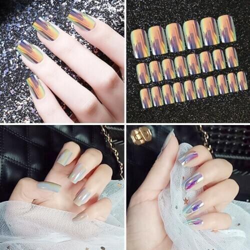 24pcs Long Square False Nails Symphony Wearing Detachable Press On Fake Nails Waterproof Fashion Nail Art Women Nail Decoration