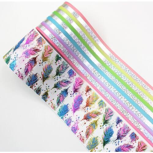 3" 75mm,2 yards Foil Printed Ribbon Colorful Foil Feather DIY Hairbows Accessories Handmade Materials Gift Wrapping Tape