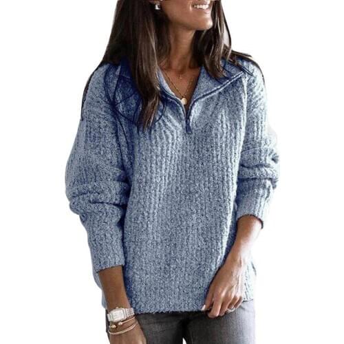 80% HOT SALES！！！Women Zipper Lapel Solid Color Long Sleeve Loose Knitted Pullover Sweater Top