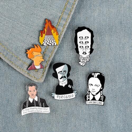 Movie Role Enamel Pin Brooch Writer Edgar Allan Poe Wednesday Fry Badges Clothes Lapel Cap Bag Creative Fun Jewelry