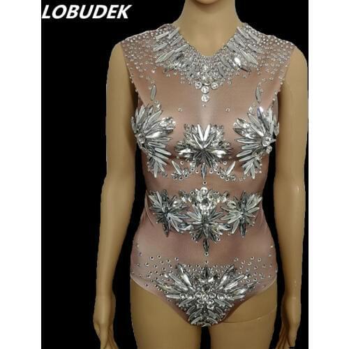 Big Glass Rhinestones Sleeveless Bodysuit Sexy Nude Crystals Elastic Bodysuits Nightclub Bar DJ Singer Costume Dancer Stage Wear