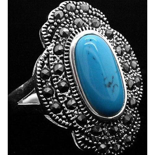 Hot selling>@@ 24*16mm Vintage Style Blue 925 Sterling Silver Marcasite Ring Size 7/8/9/10 -Bride jewelry free shippin