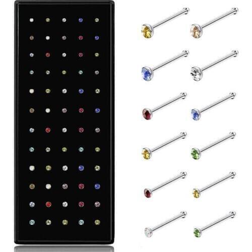 60 pieces/pack Stainless Steel Crystal Nose Ring Set Women Girl Surgical Steel Nose Piercing Crystal Nose Stud Lot Body Jewelry
