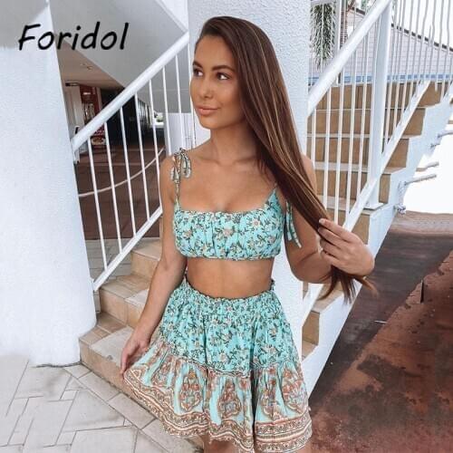 Foridol Boho Summer Dress Sets Sexy Beach Mini Dress Suits Women 2021 Green Cropped Dress Two Pieces Sundress Vestidos