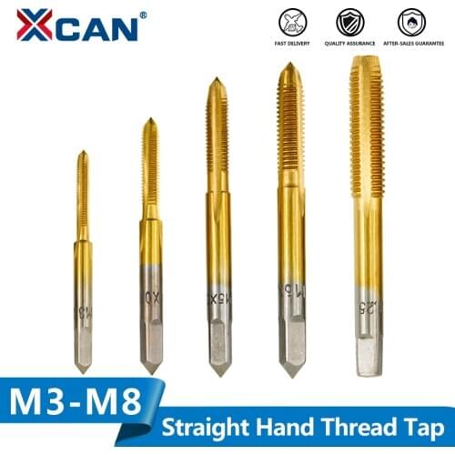 XCAN 5pcs M3 M4 M5 M6 M8 Titanium Coated Hand Tap Set HSS Straight Flute Thread Tap Right Hand Screw Thread Tap Drill Bit Set