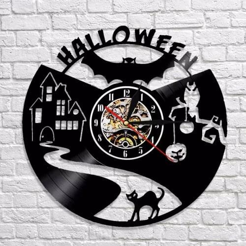 Vampire Bats Home Decor Wall Clock Halloween Vinyl Record Wall Clock Black Cat Silhouette Decorative Wall Clocks Modern Wall Art