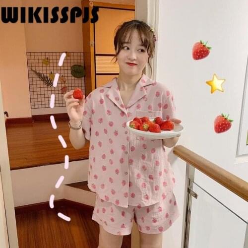 2021 New Womens Clothing Sweet and Lovely Strawberry Short Sleeve Shorts Home Clothes Sleep Tops Two Piece Set Summer