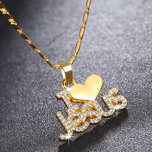 Andshiny Golden Christian Necklace I Love Jesus Letters Heart-shaped Pendant Necklace For Women Men Pray Jewelry Party Gift