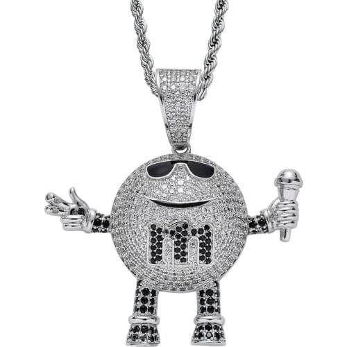 Freewear Cartoon Character M Bean Pendants Necklace Hip Hop Micro Paved AAA CZ Stone Bling Iced Out Microphone Rapper Jewelry