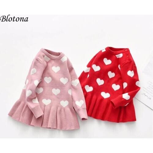Blotona Baby Girls Valentines Day Dress, Wool Knitting Sweater Heart Printed Lace Short Skirt Pullover for Kids 1-5Years