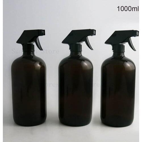 1000ml Empty Dark Amber Glass 33 Oz Boston Round Bottle with Black Trigger Sprayer