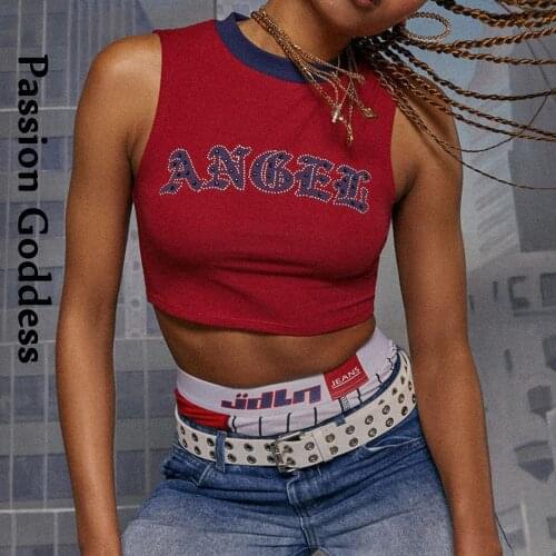 Sexy Cute Women ANGEL Letter Rhinestone Cropped Tops Joggers Slim Tank Vest Bustier Femme Printed Hot Drilling Glitter Crop Top