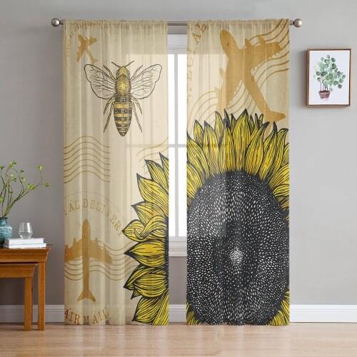 Sunflower Bee Aircraft Retro Style Sheer Curtains for Living Room Bedroom Kitchen Chiffon Tulle Curtains Home Hotel Coffee Decor