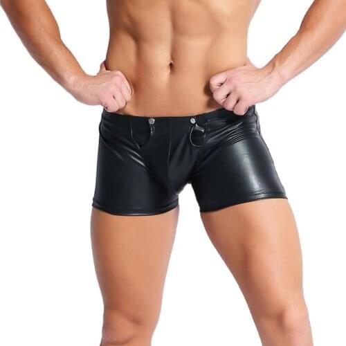 Plus Size Stage U Convex Pouch Black Mens Sexy Back Zipper Open Crotch PU Leather Short Pants Boxer Boxer Shorts Clothing New