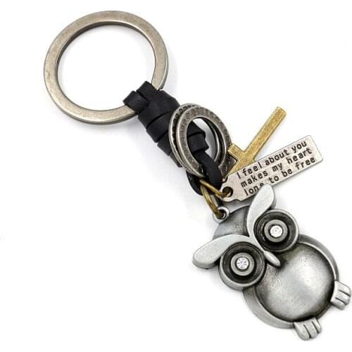 Vintage Antique Bronze Silver Cartoon Creative Owl Pendant Leather Woven Key Accessories Small Gifts of The Annual Meeti