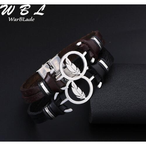 WBL New Simple Feather Bracelet Bangles Stainless steel Black Genuine Leather Bracelet For Women Men Wristband Charm Jewelry
