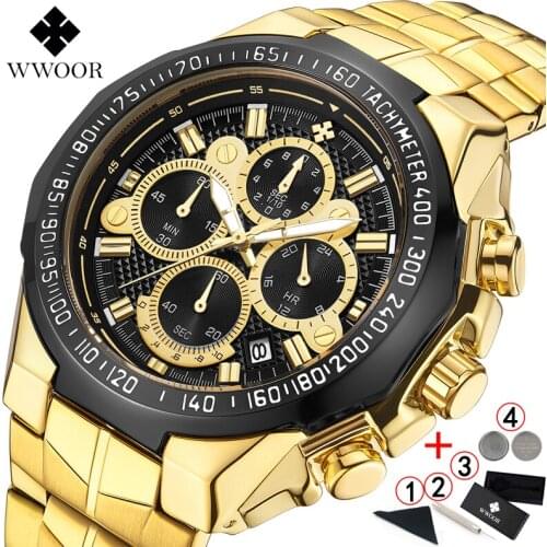 WWOOR Men Watches Brand Luxury Big Diver Chronograph Watch Men Gold 2020 Waterproof Golden Mens Wristwatch Relogio Masculino