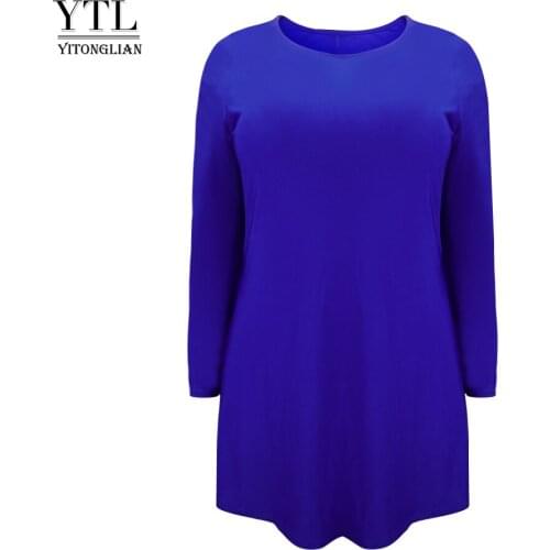 YTL Plus Size Women Dress Long Sleeve Solid Tunic Dresses Flare Casual Large Black Blue Day T Shirt Shift Dress M-8XL H126