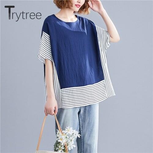 Trytree 2021 Summer Woman Casual T-shirt O-neck Patchwork Striped Batwing Sleeve T-shirt Oversize Silky Loose Tops For Women