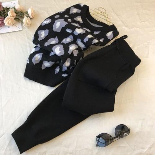 Casual Fashion Printing Knitted 2 Peice Set Women Autumn Long Sleeve Pullover Sweater + Harem Pants Suit Black Ankle-Length Pant
