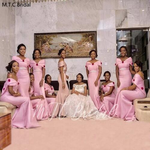 Amazing Pink Mermaid Long Bridesmaid Dresses Off The Shoulder Short Sleeves Plus Size African Maid Of Honor Dress Robe De Soiree