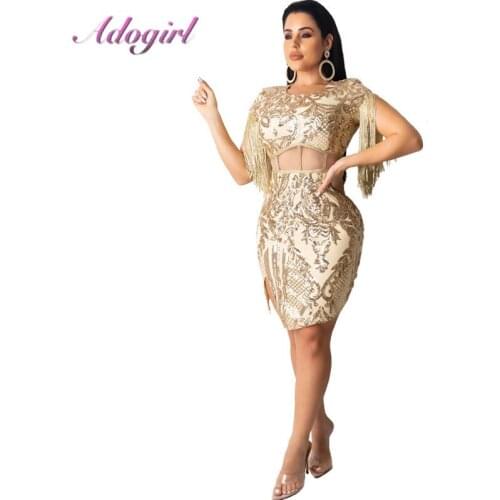 Women Elegant Floral Sequins Tassel Bodycon Evening Mini Dress Sexy Hollow Out Short Sleeve Party Club Dresses Banquet Vestidos