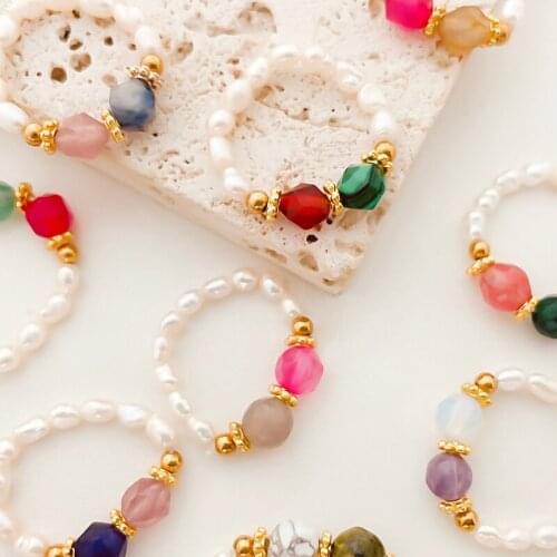 2021 Christmas New Retro Fashion Natural Stone Rings for Women Freshwater Pearl Rings Halloween Gift Elastic Rope Wedding Rings