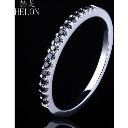 HELON Solid 18K White Gold AU750 Half Eternal 0.15ct Black Diamonds Ring Band Style Exquisite Engagement Wedding Women Ring