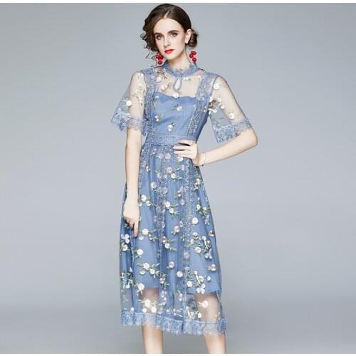 2021 New Runway Dress Women High End Mesh Patchwork Floral Embroidery Elegant Midi Long Lace Dresses Vestidos Jurken