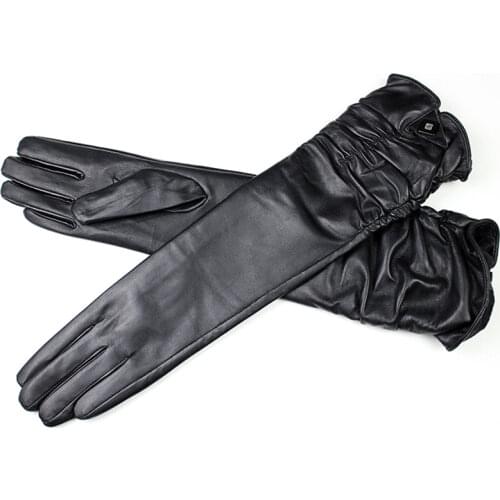 Women Long Sheepskin fashion Gloves Female Leather Over Elbow Length Elastic Style Velvet Lining Warm Free Shipping