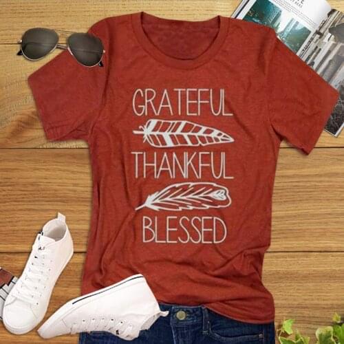 Fashion New Women Summer Short Sleeve Brick Red Blessed Feather Print O-Neck Tees Ladies Casual Female Top