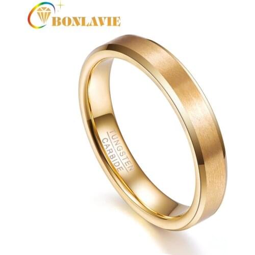 BONLAVIE Tungsten Steel Ring Simple Couple Ring 4MM Gold Color for Women Engagement Wedding Rings Lovers Gift Fine Jewelry