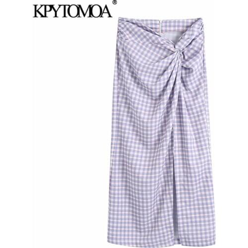 KPYTOMOA Women 2021 Fashion With Knotted Check Slit Midi Skirt Vintage High Waist Back Zipper Female Skirts Mujer