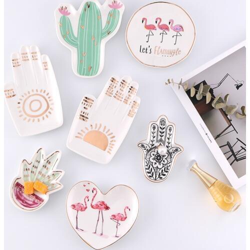 Small Hamsa Sun Hand Flamingo Cactus Pineapple Crown Ceramic Dish Plate Decorative Jewelry Trinket Dish Necklace Storage Tray