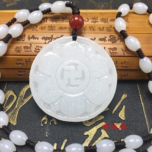 Nature White Jade Exorcism Pendant Carven Lucky Incantation Amulet Mala Bead Hanging Necklace With