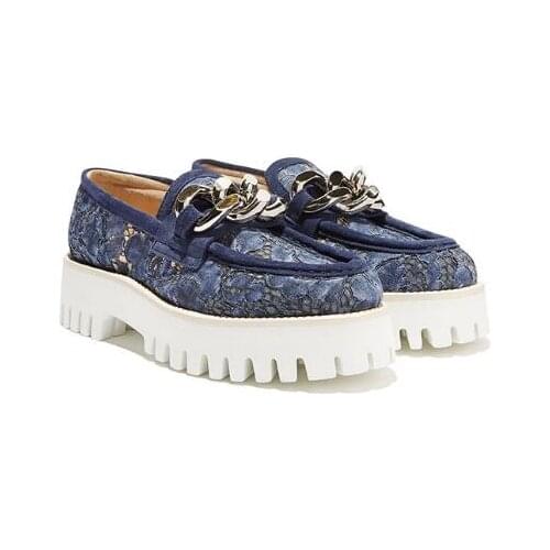New Spring Woman Blue Lace Floral Thick Sole Slip On Chains Pumps Female 70 mm Wedges Leather Covered Platform Single Shoes