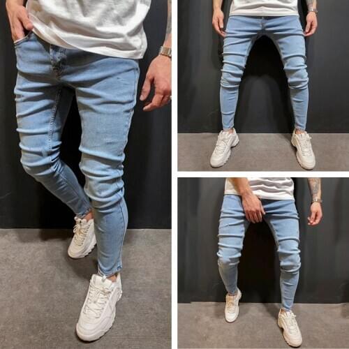 New Men Casual Solid Color Slim-Fit Stretch Motorcycle Jeans Casual Mid-Waist Tight-Fitting With Pockets Washed Denim Long Pants