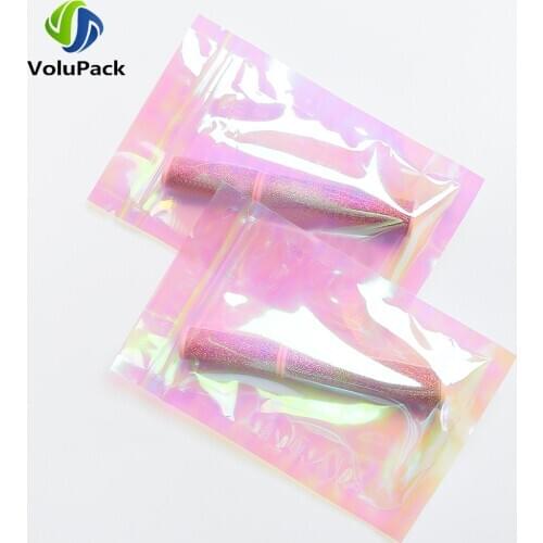 Recyclable Eco-friendly Plastic Packaging Bags Holographic Pink Tear Notch Pouches Heat Sealing Ziplock Smell Proof Storage Bags
