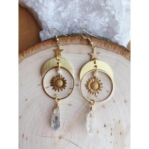 Handmade sunflowers Dangle Drop Earrings.Clear Quartz Crystals. Gifts for Her