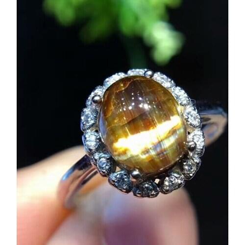 Certificate Natural Gold Rutilated Quartz Ring Adjustable Size 9x8mm Silver Fine Jewelry Party Wedding Rings AAAAAA