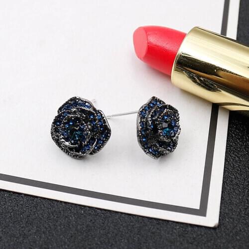 Rose Flower Earrings Female Simple Luxury Blue Rhinestone Camellia Retro Earring